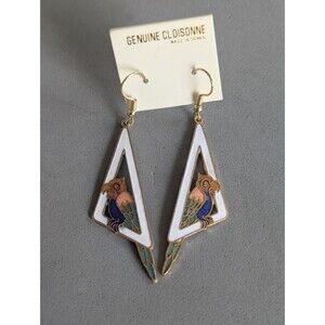 Vintage Tropical Bird Cloisonné Earrings White Geometric Dangles, NOS Taiwan ROC